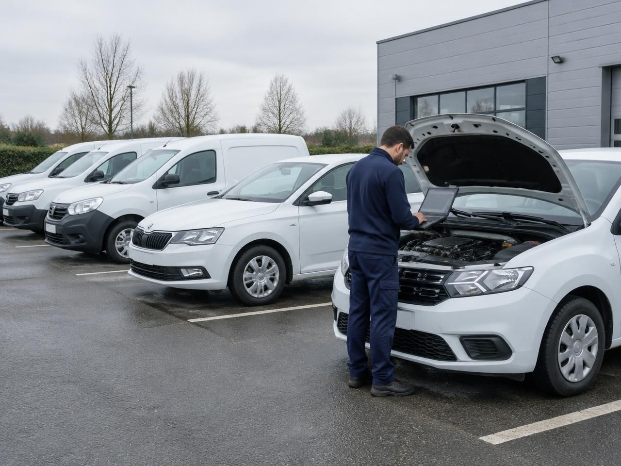 Mechanik z laptopem diagnozuje samochód z otwartą maską na parkingu z flotą białych aut dostawczych