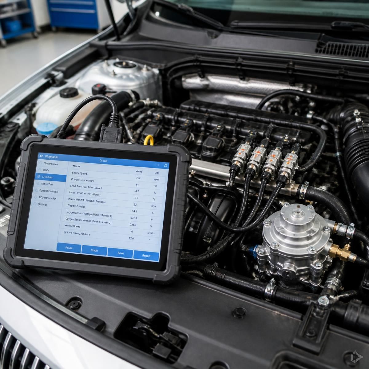 Tablet diagnostyczny z parametrami pracy oparty o komorę silnika z instalacją LPG