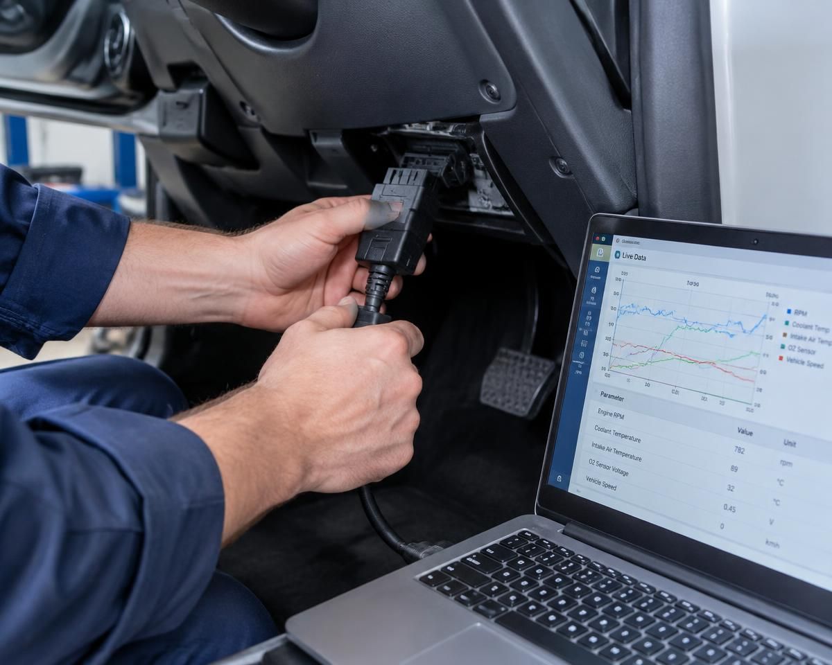 Mechanik podłącza interfejs diagnostyczny do gniazda OBD, obok laptop z wykresami parametrów