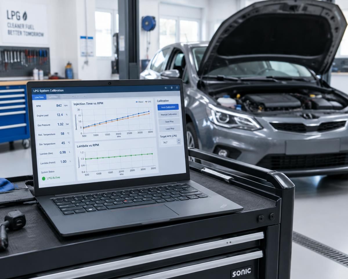 Laptop z oprogramowaniem diagnostycznym LPG przy samochodzie z otwartą maską