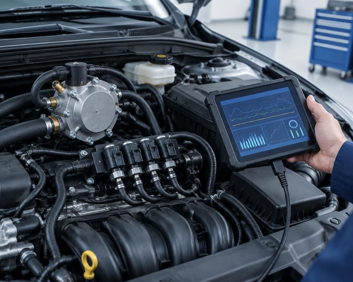 Mechanik z tabletem diagnostycznym przy komorze silnika z instalacją LPG